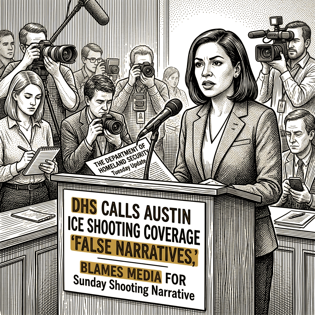 Illustration accompanying article: DHS calls Austin ICE shooting coverage 'false narratives,' blames media