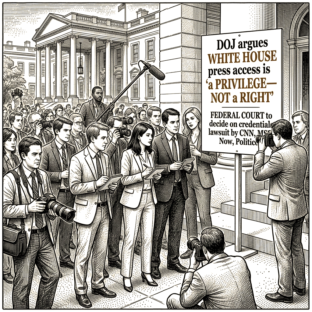 Illustration accompanying article: DOJ argues White House press access is 'a privilege—not a right'