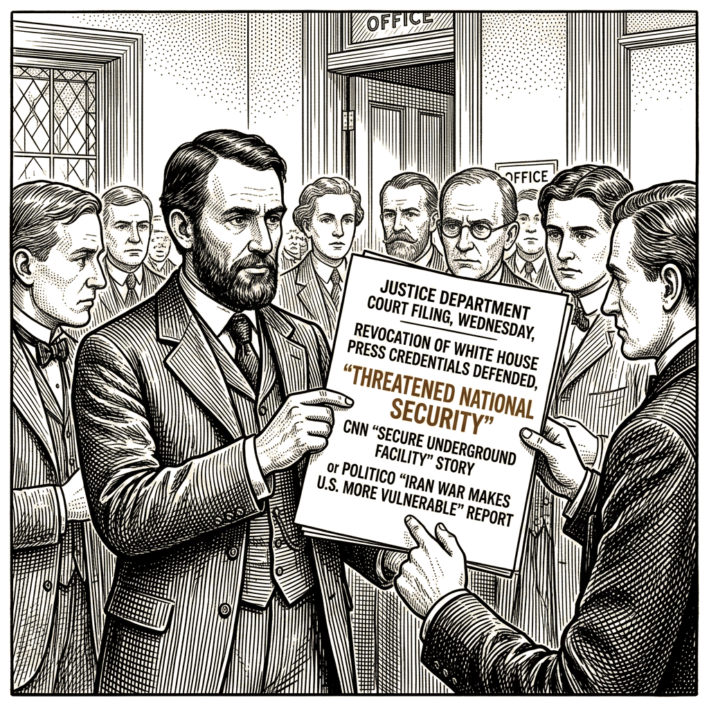 Illustration accompanying article: DOJ filing cites CNN East Wing story, Politico Iran report in press ban defense