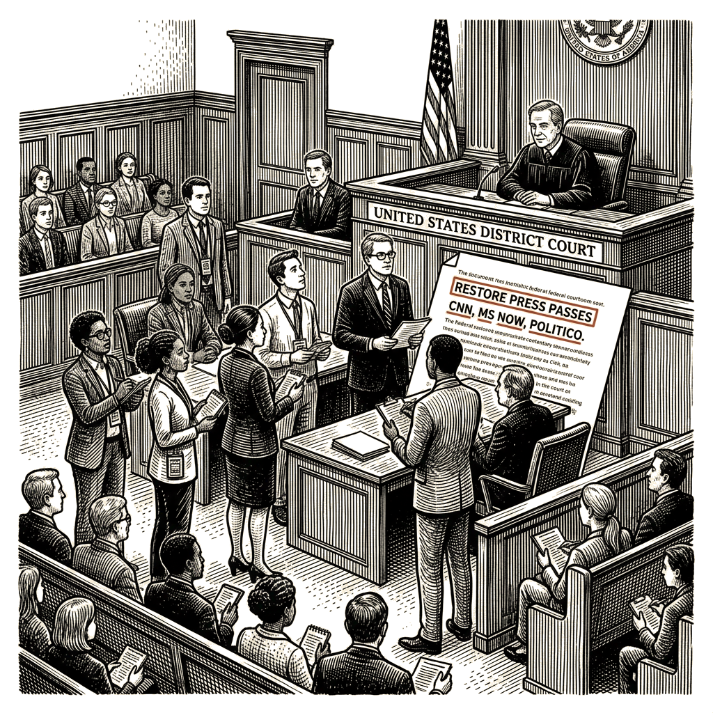 Illustration accompanying article: Judge appears inclined to restore CNN, MS NOW, Politico press passes