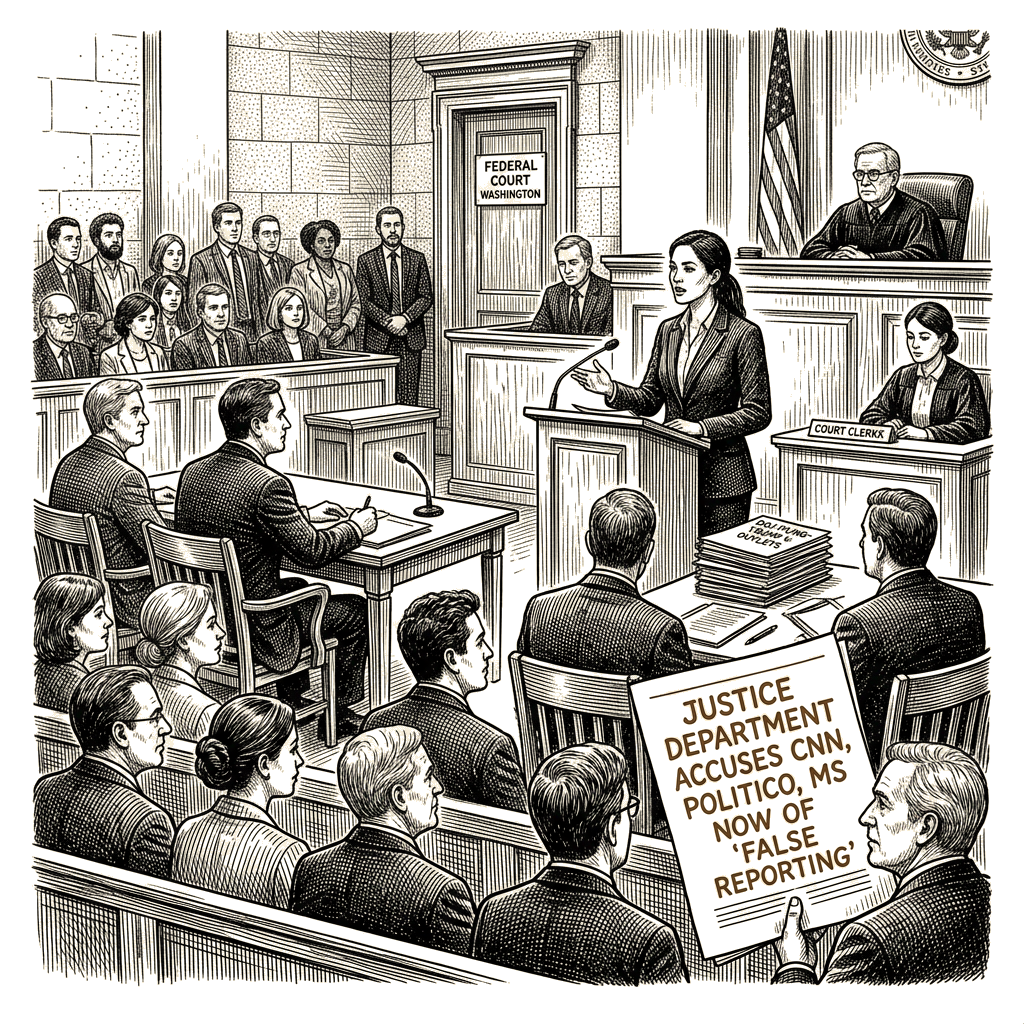 Illustration accompanying article: Justice Department accuses banned outlets of false reporting in court filing