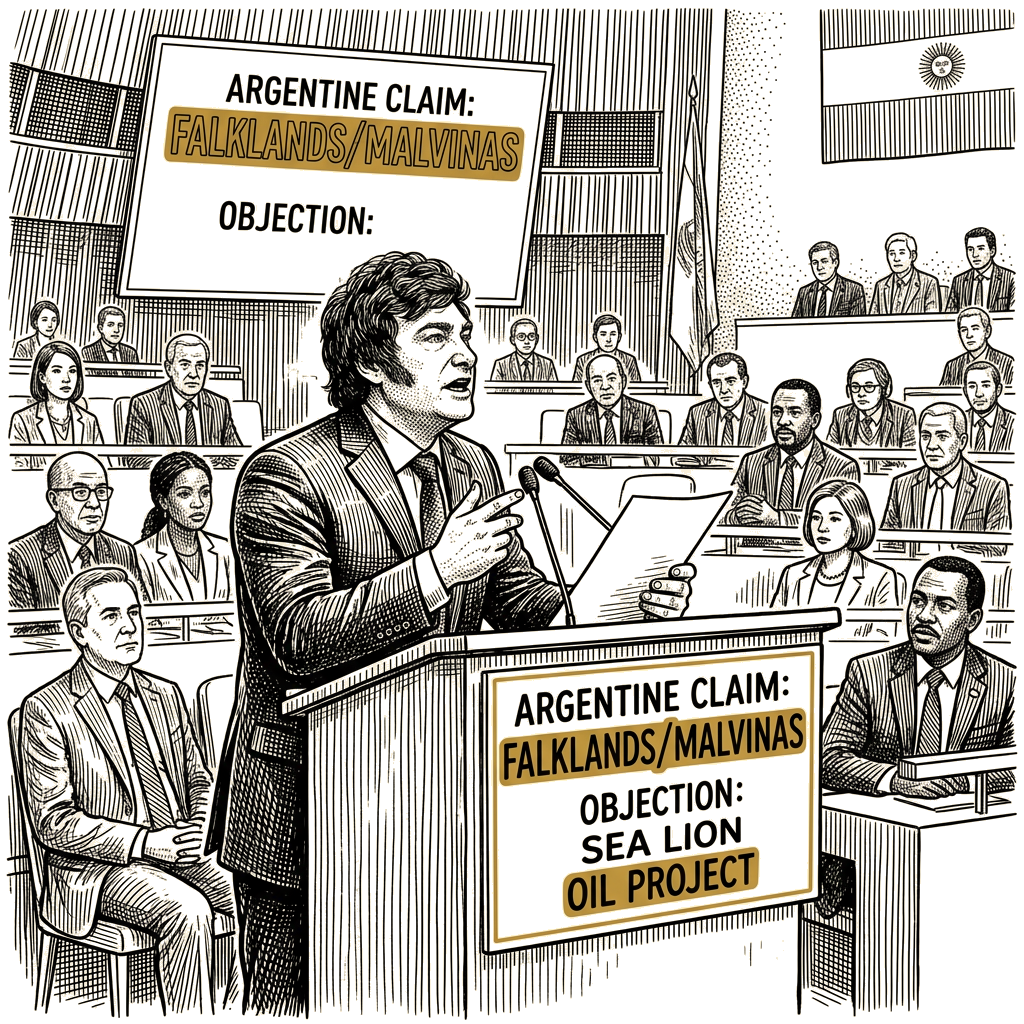 Illustration accompanying article: Milei presses UN on Falklands claim, targets Sea Lion oil project