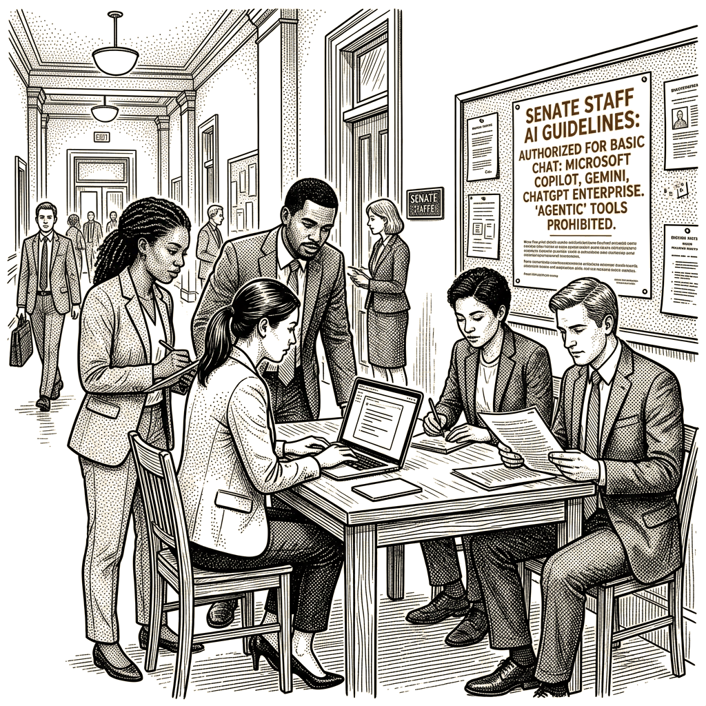 Illustration accompanying article: Senate staff restricted to basic AI tools as Congress debates regulation