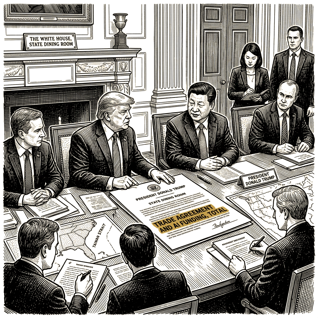 Illustration accompanying article: Trump hosts Xi at White House for state visit on trade and AI