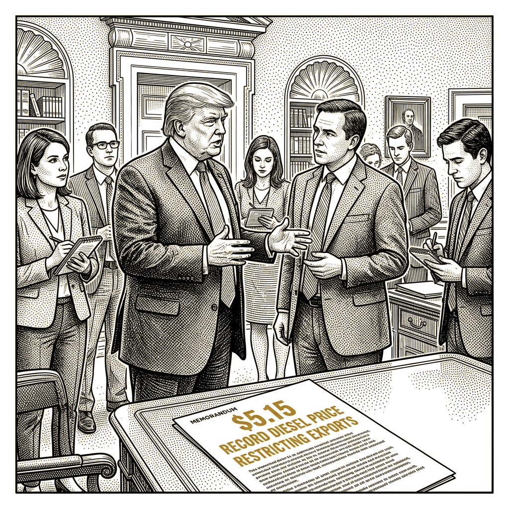 Illustration accompanying article: Trump weighs diesel export ban as fuel prices hit record high