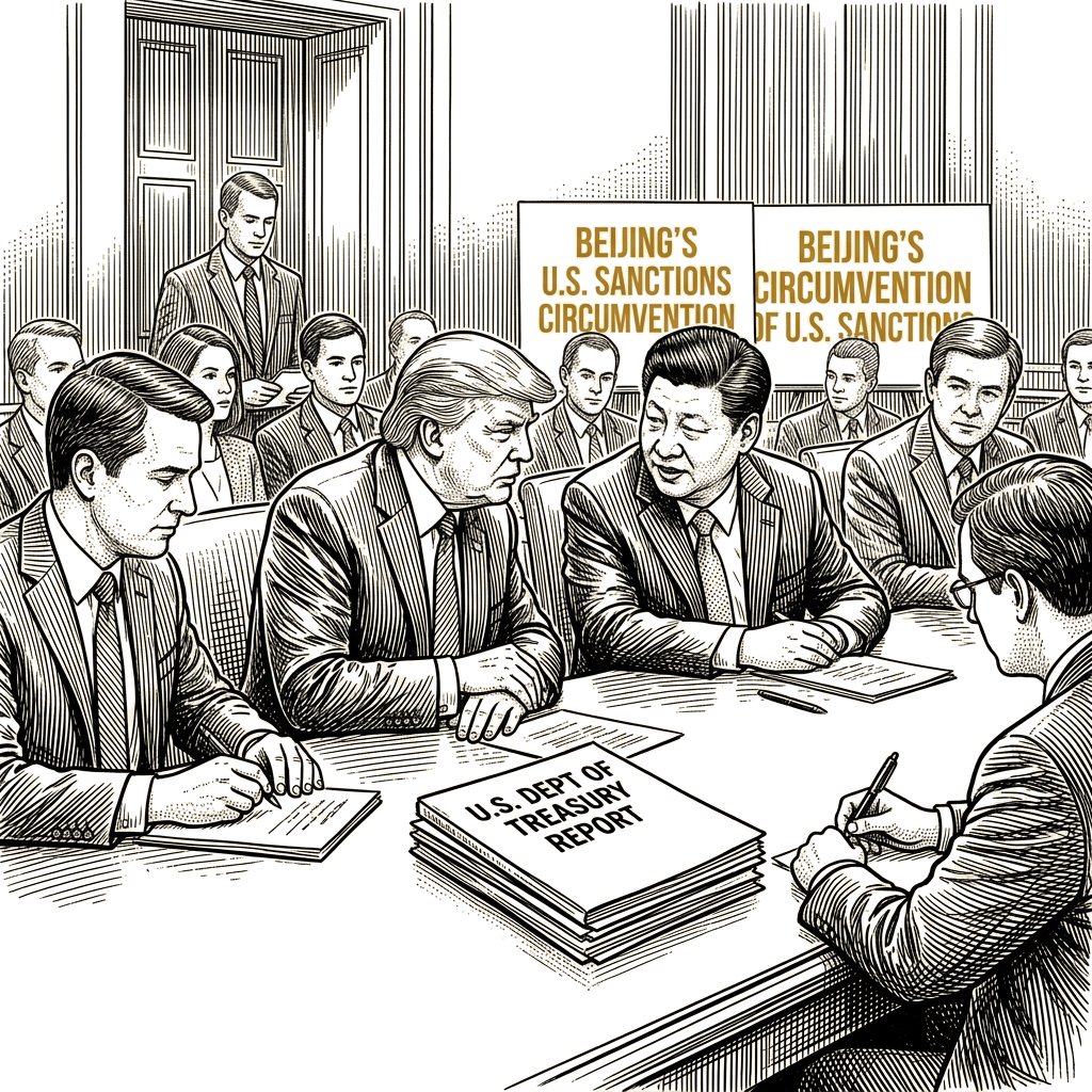 Illustration accompanying article: Trump-Xi Thursday talks to cover Beijing's U.S. sanctions circumvention