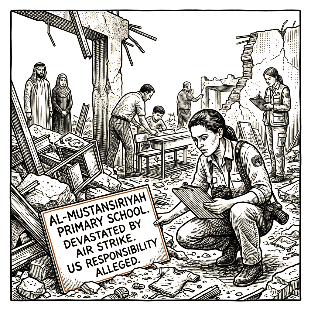 Illustration accompanying article: UN mission finds US may have committed war crimes in Iraq school strike