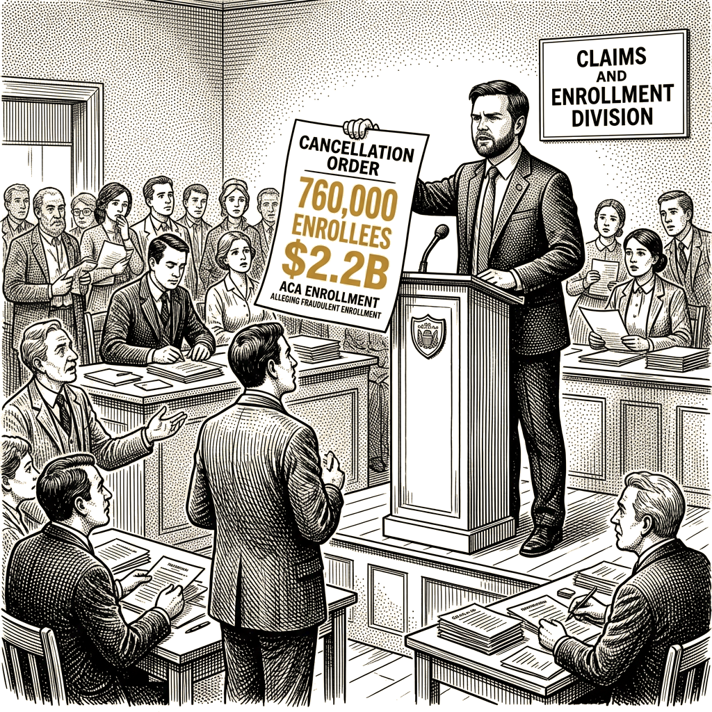Illustration accompanying article: Vance cancels 760,000 ACA enrollees citing fraud, projects $2.2B savings