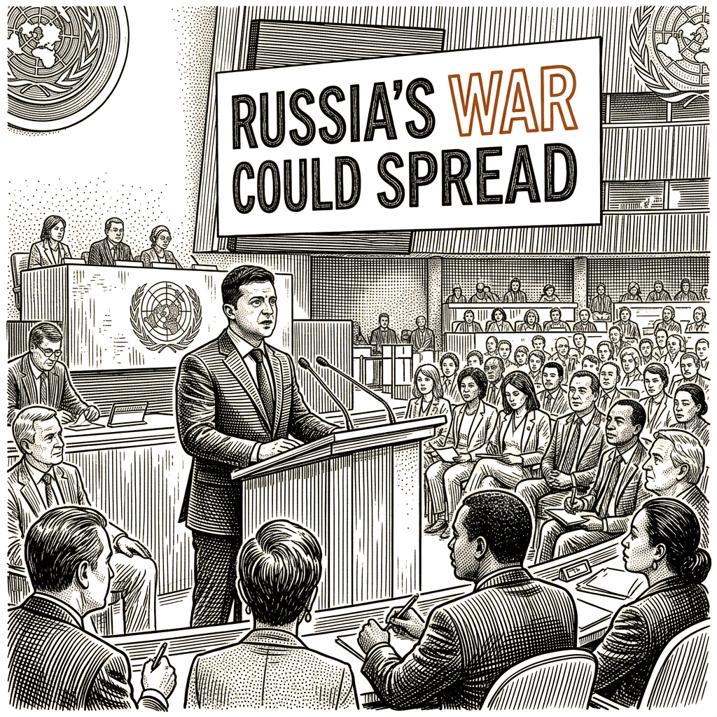 Illustration accompanying article: Zelensky tells UN General Assembly Russia's war could spread
