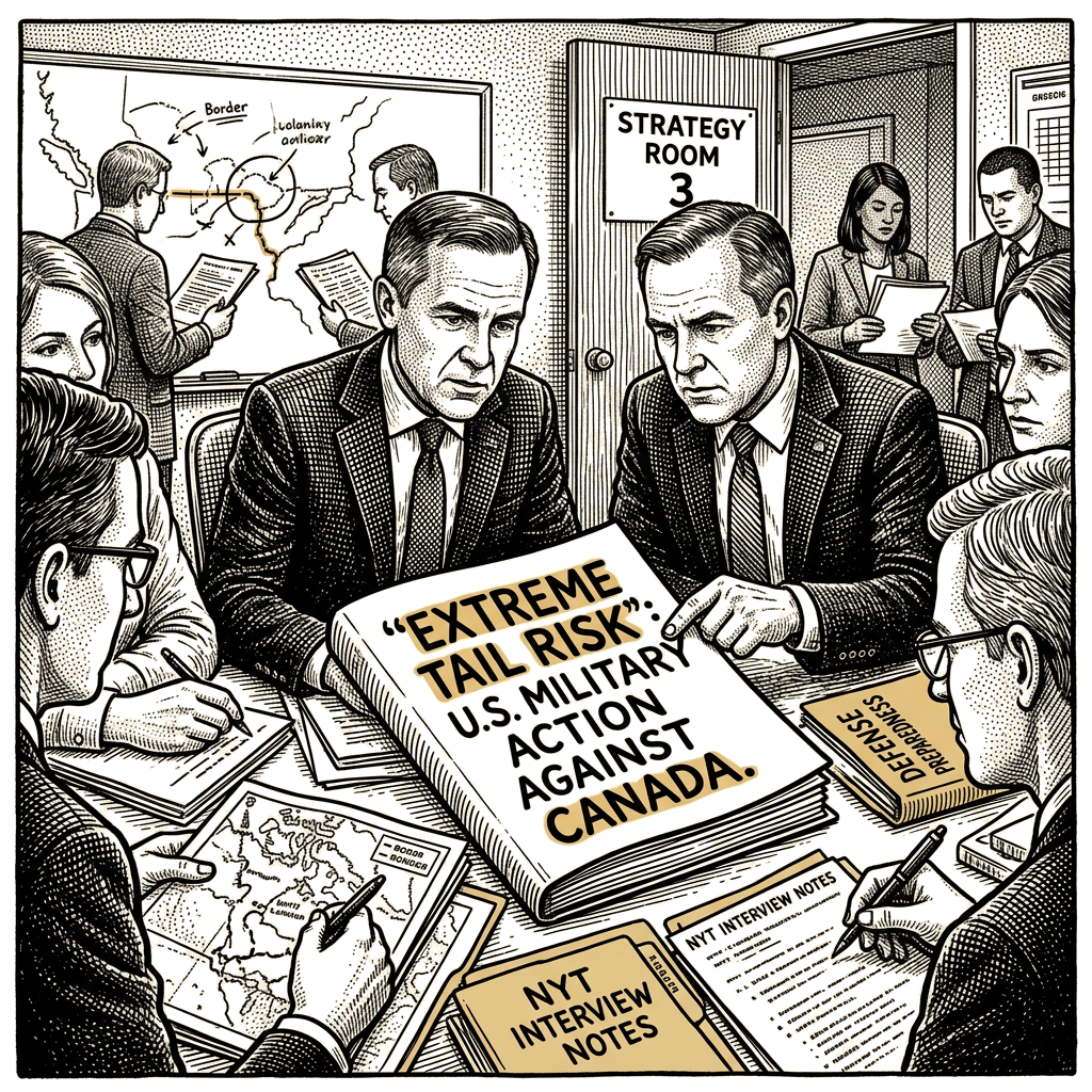 Illustration accompanying article: Carney says Canada prepared for 'extreme tail risk' of US military action