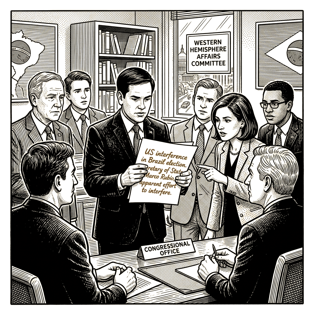 Illustration accompanying article: Democrats ask Rubio to address alleged US interference in Brazil election