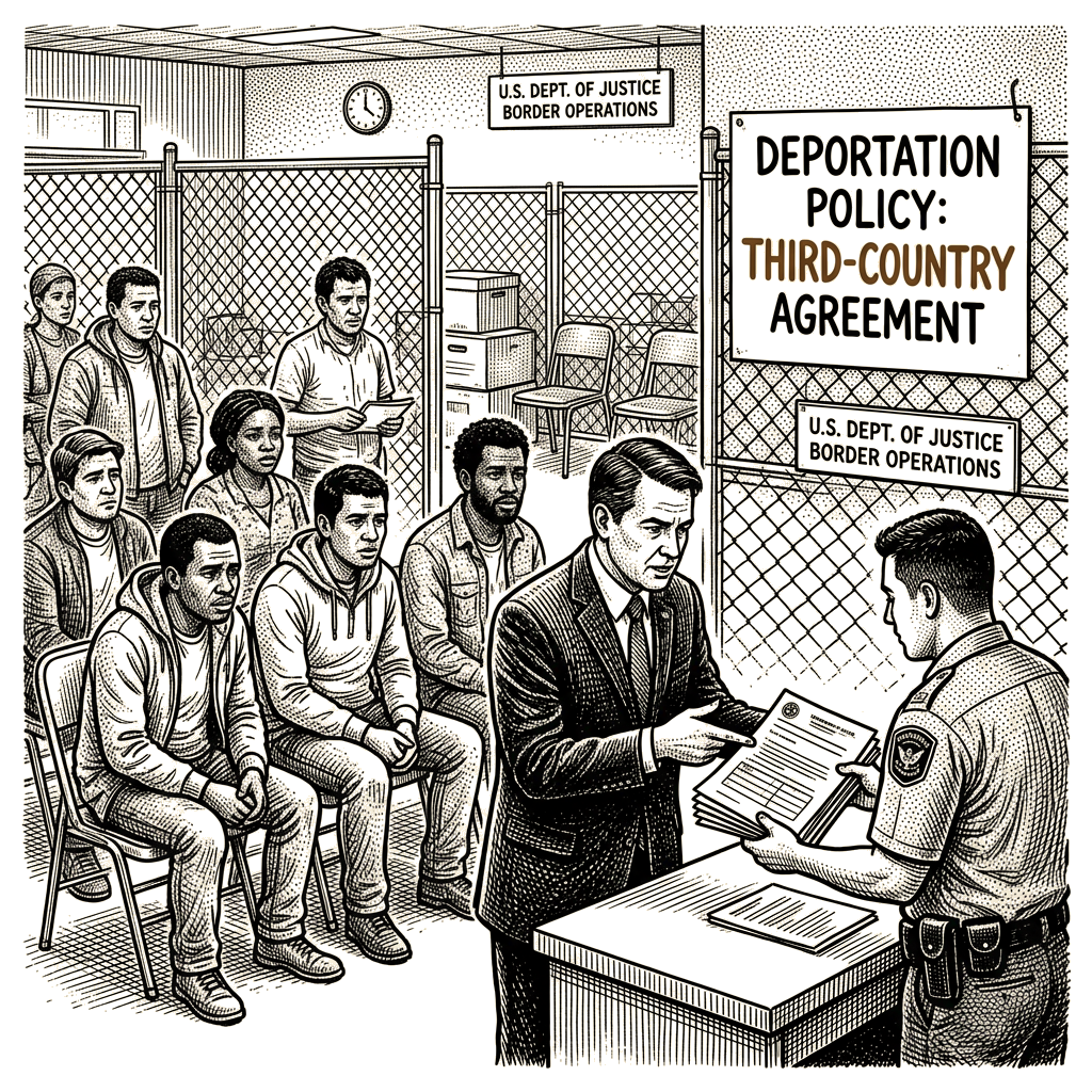 Illustration accompanying article: DOJ asks Supreme Court to allow third-country deportation policy