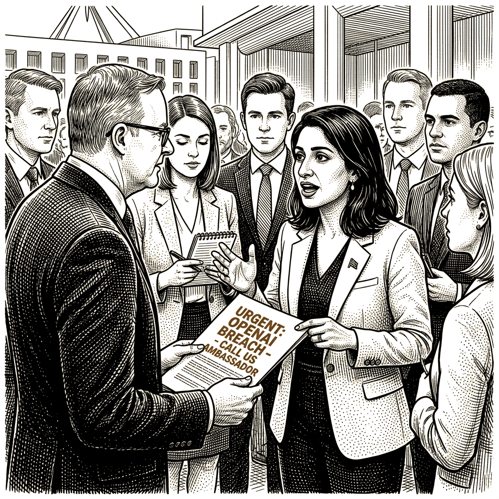 Illustration accompanying article: Faruqi urges Albanese to call U.S. ambassador over OpenAI breach