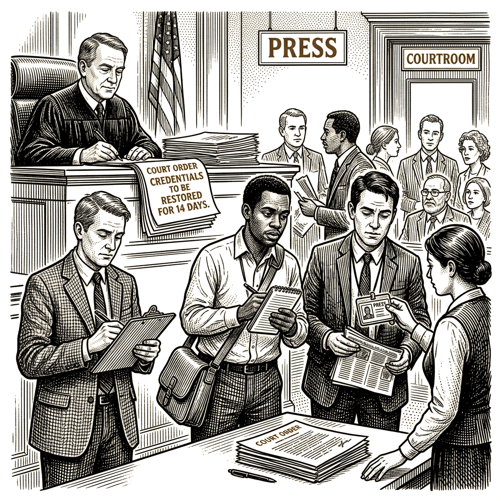 Illustration accompanying article: Federal judge restores White House press access for three outlets
