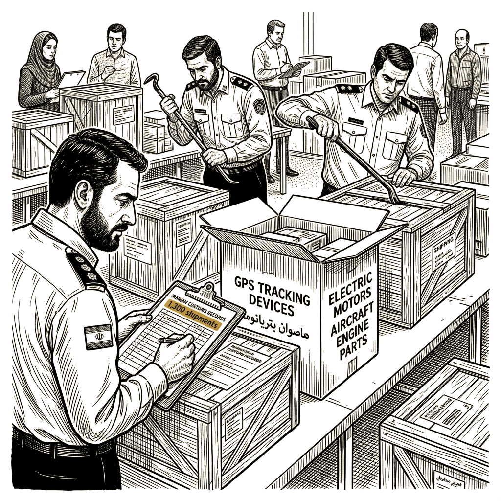Illustration accompanying article: Iranian customs data show 1,300 Chinese dual-use shipments to defense ministry