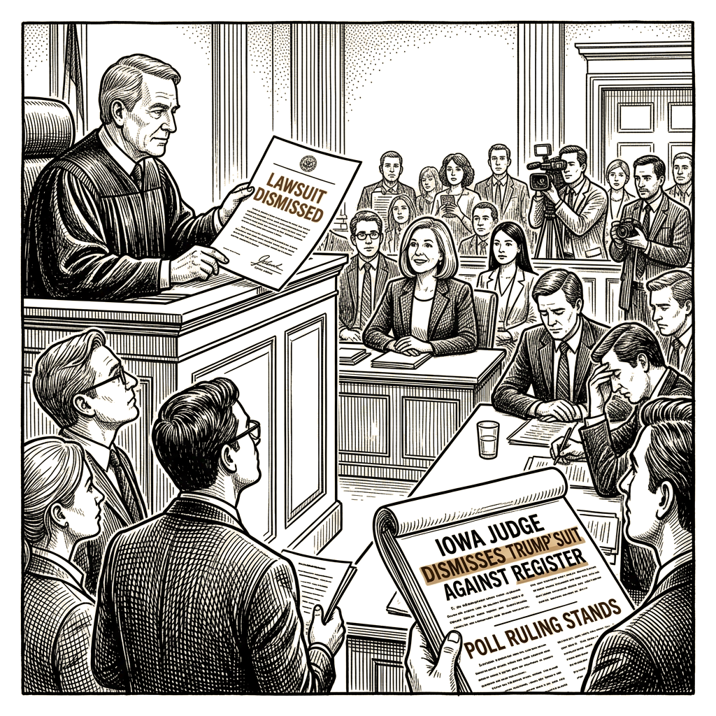 Illustration accompanying article: Judge dismisses Trump's lawsuit against Des Moines Register over 2024 poll