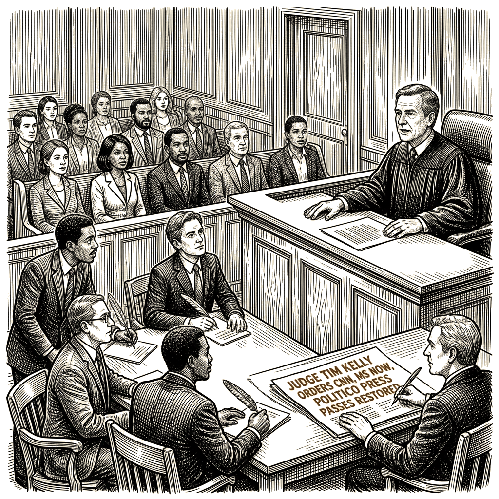 Illustration accompanying article: Judge orders White House to restore CNN, MS Now, Politico press passes