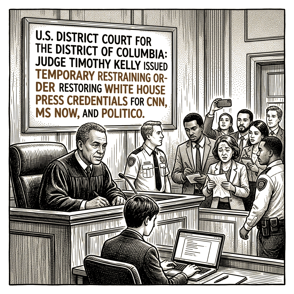 Illustration accompanying article: Judge skeptical of national security rationale in White House press ban