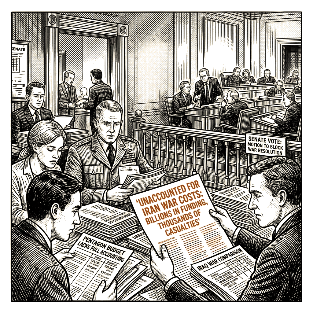 Illustration accompanying article: Recent reporting suggests Pentagon has not fully accounted for Iran war costs and…