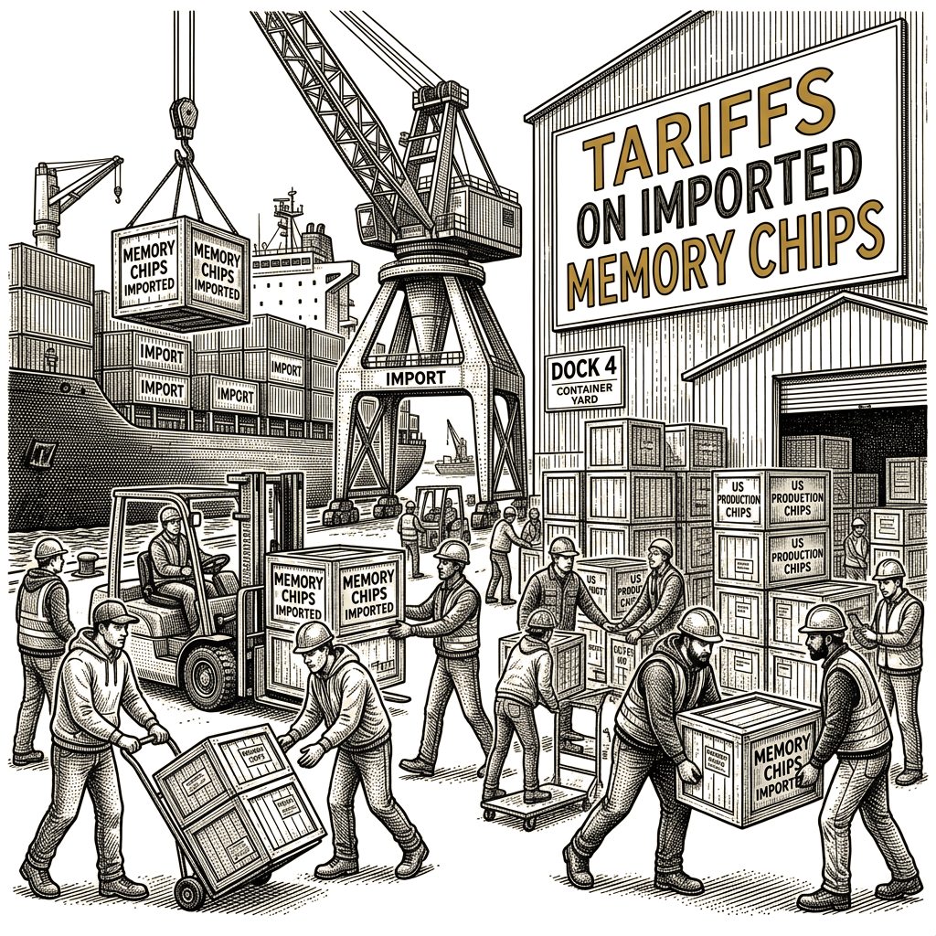 Illustration accompanying article: Trump administration readies memory-chip tariffs to expand US production