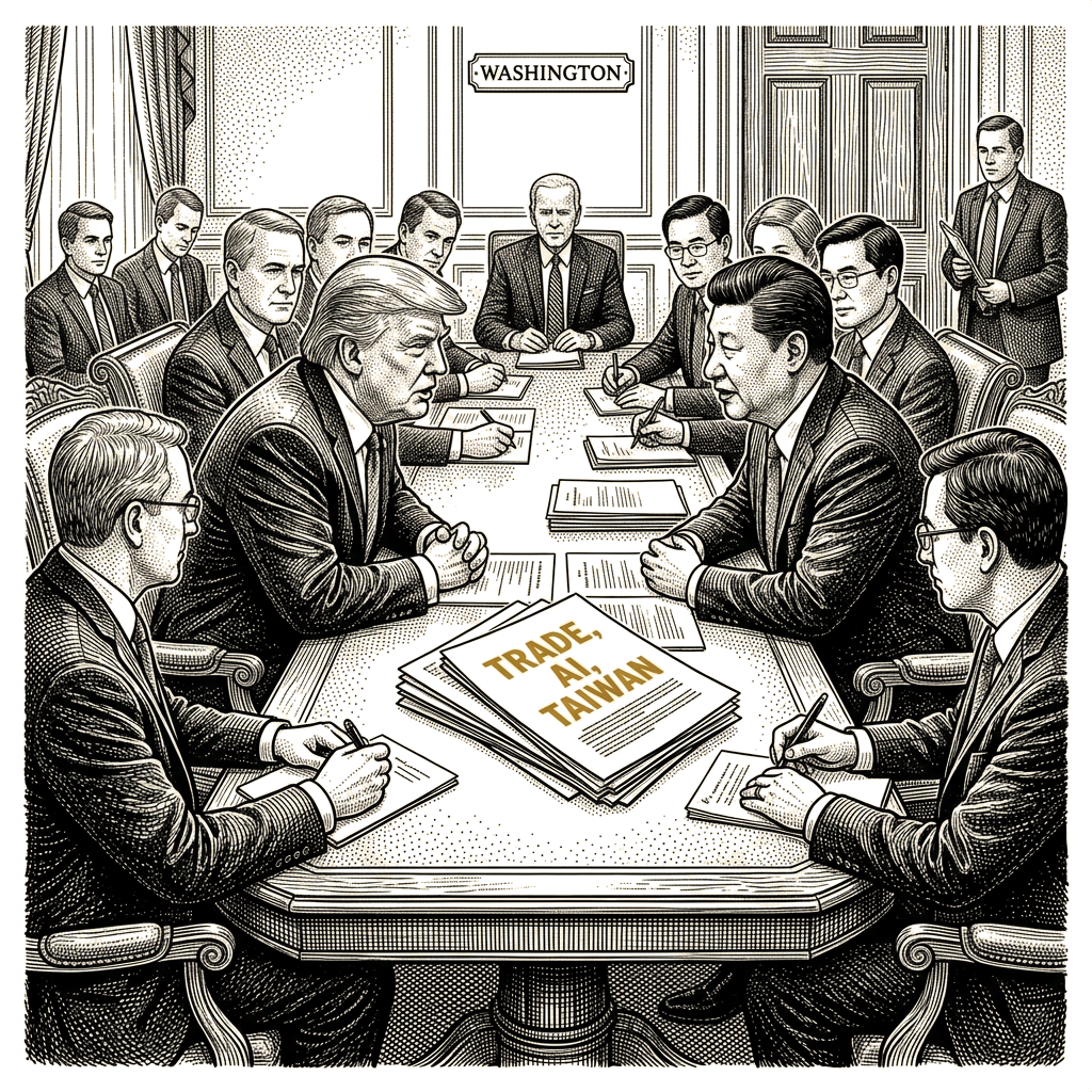 Illustration accompanying article: Trump and Xi meet in Washington for talks on trade, AI, Taiwan