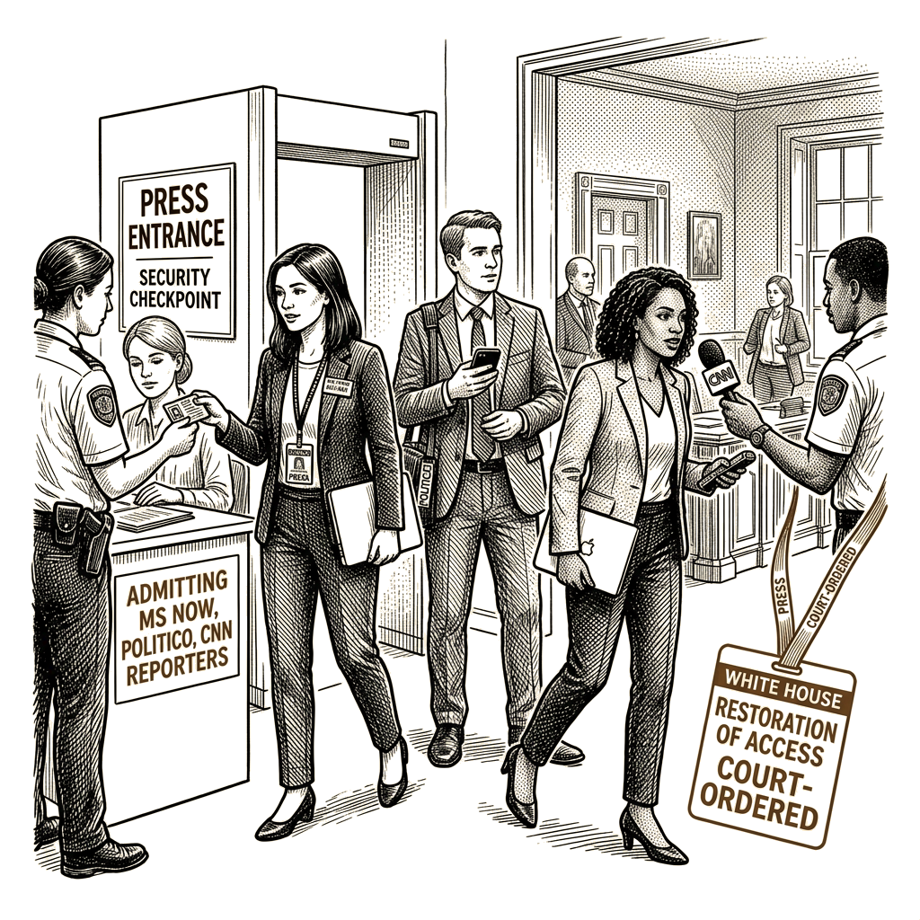 Illustration accompanying article: White House admits three reporters after initial court-order denial