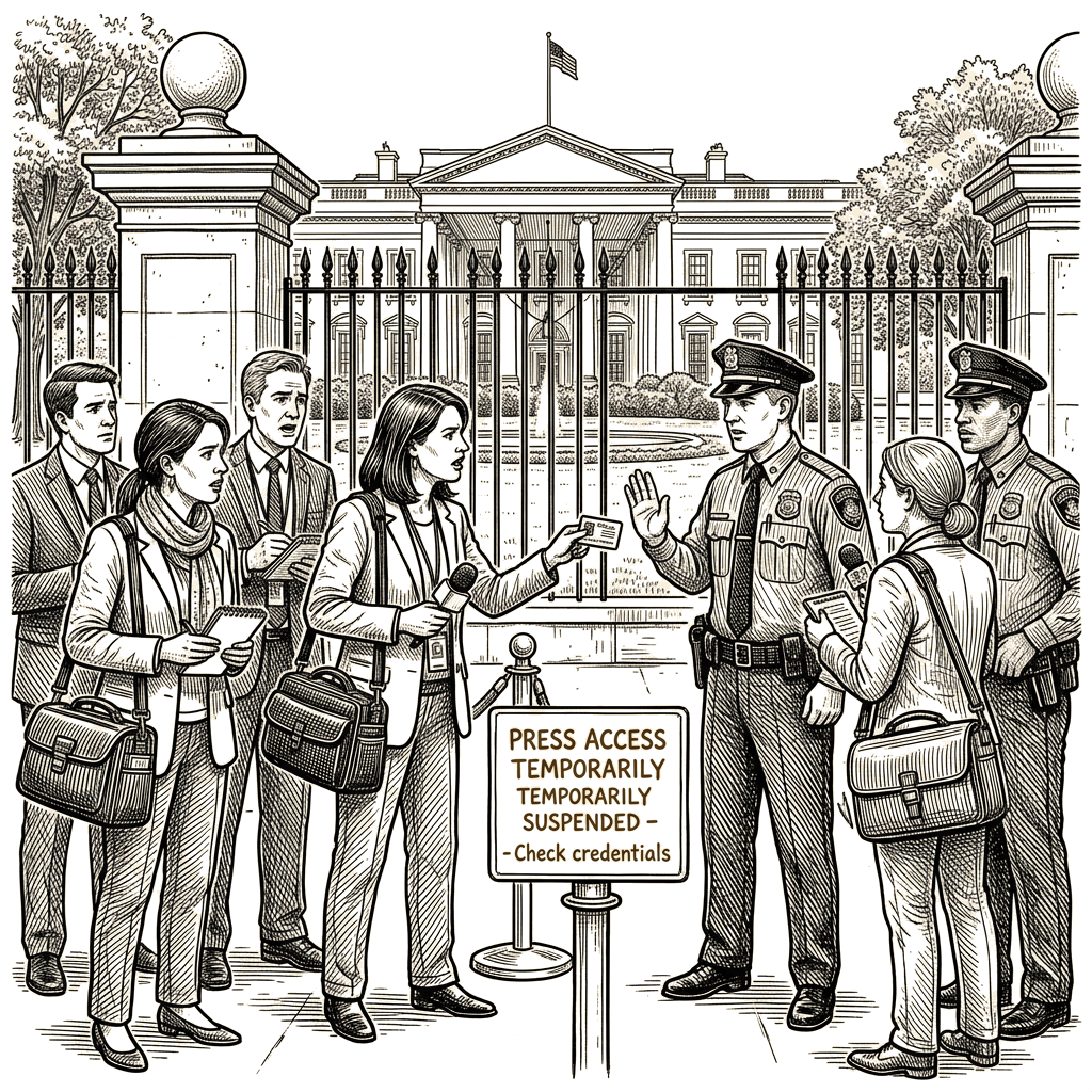 Illustration accompanying article: White House bars CNN, MS NOW and Politico reporters after court order