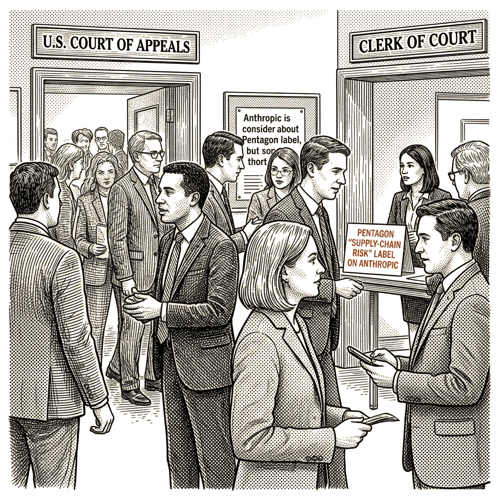 Illustration accompanying article: Appeals court upholds Pentagon's supply-chain risk label on Anthropic