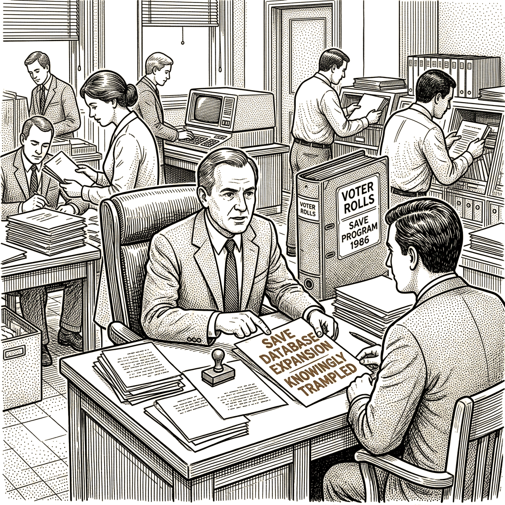 Illustration accompanying article: Federal judge ruled SAVE database expansion "knowingly trampled" on privacy