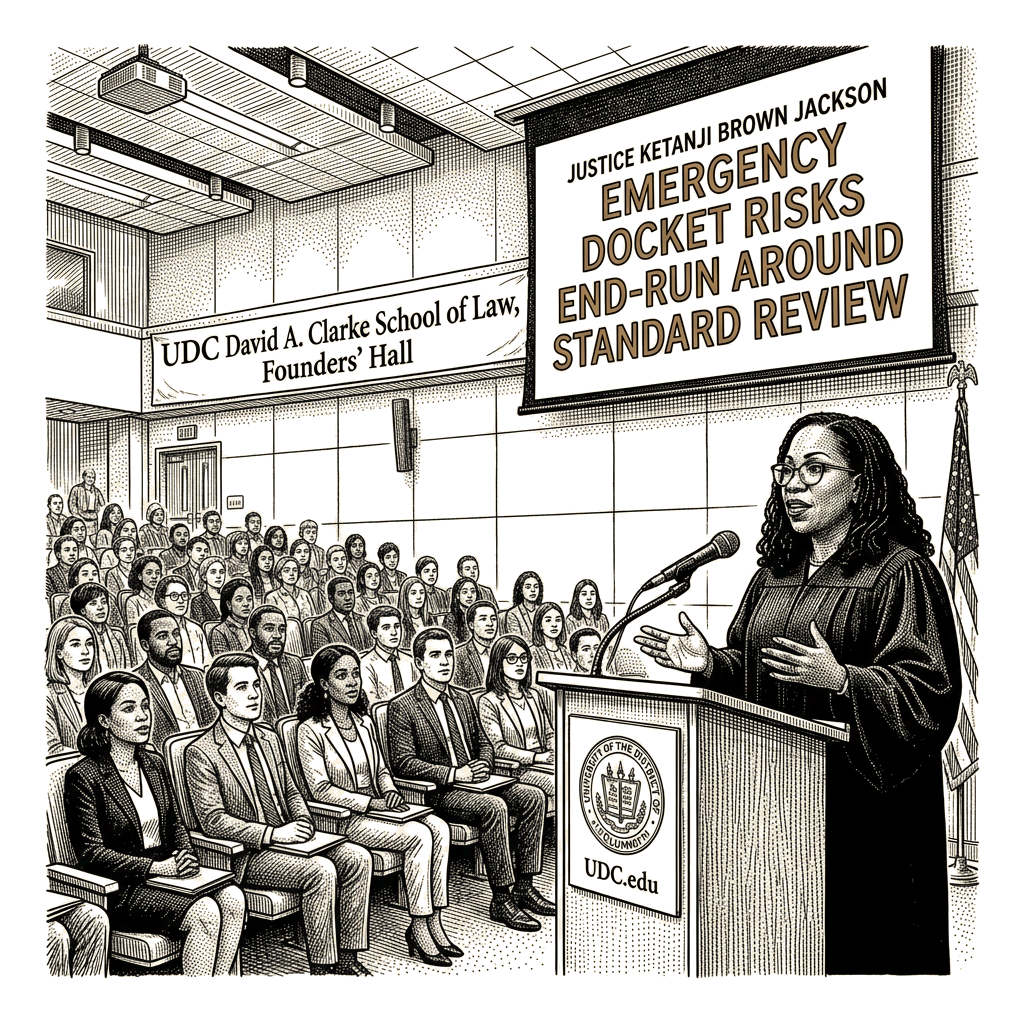 Illustration accompanying article: Jackson warns emergency docket risks 'end-run around standard review'
