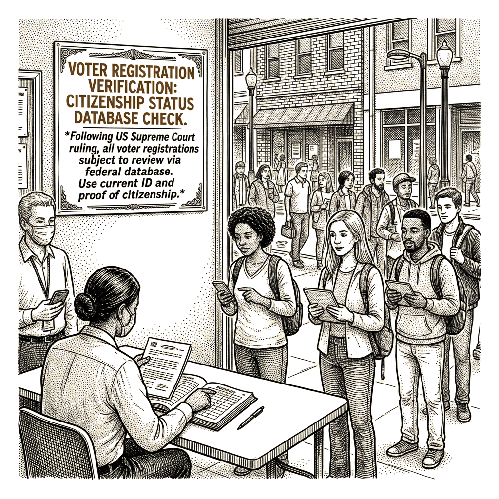 Illustration accompanying article: Supreme Court lifts restrictions on federal voter citizenship database