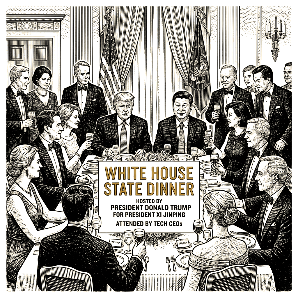 Illustration accompanying article: Trump hosts Xi at White House state dinner attended by tech CEOs