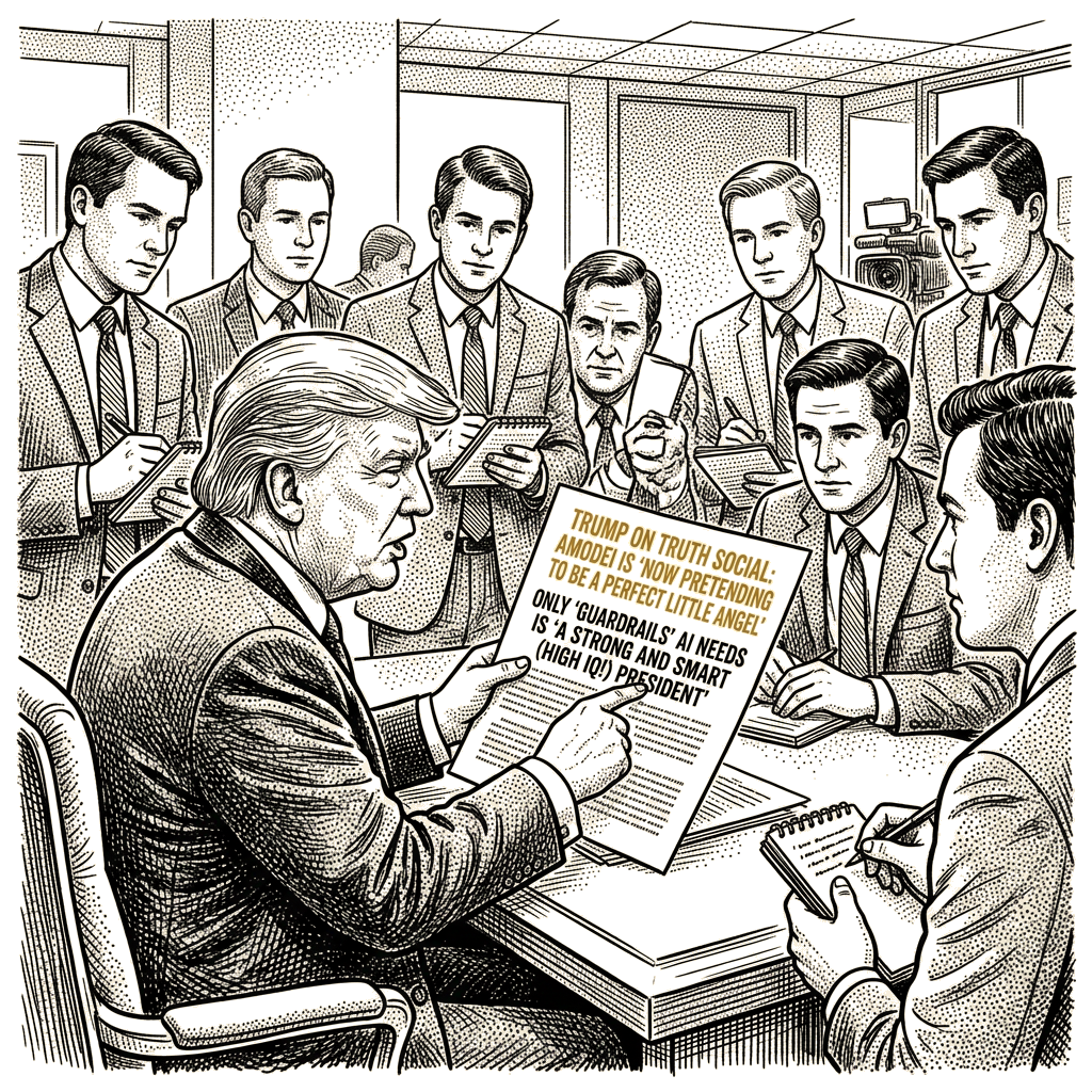 Illustration accompanying article: Trump mocks Amodei as 'perfect little angel' in Truth Social AI post