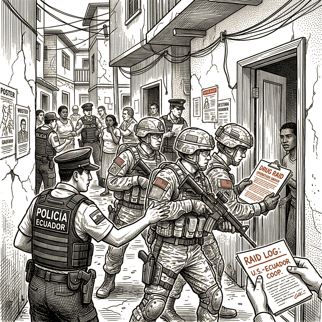 Illustration accompanying article: U.S. troops join Ecuadorian police in direct drug raids