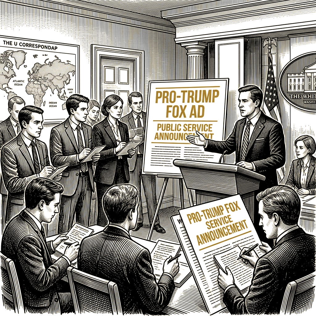 Illustration accompanying article: White House defends pro-Trump Fox ad as public service announcement