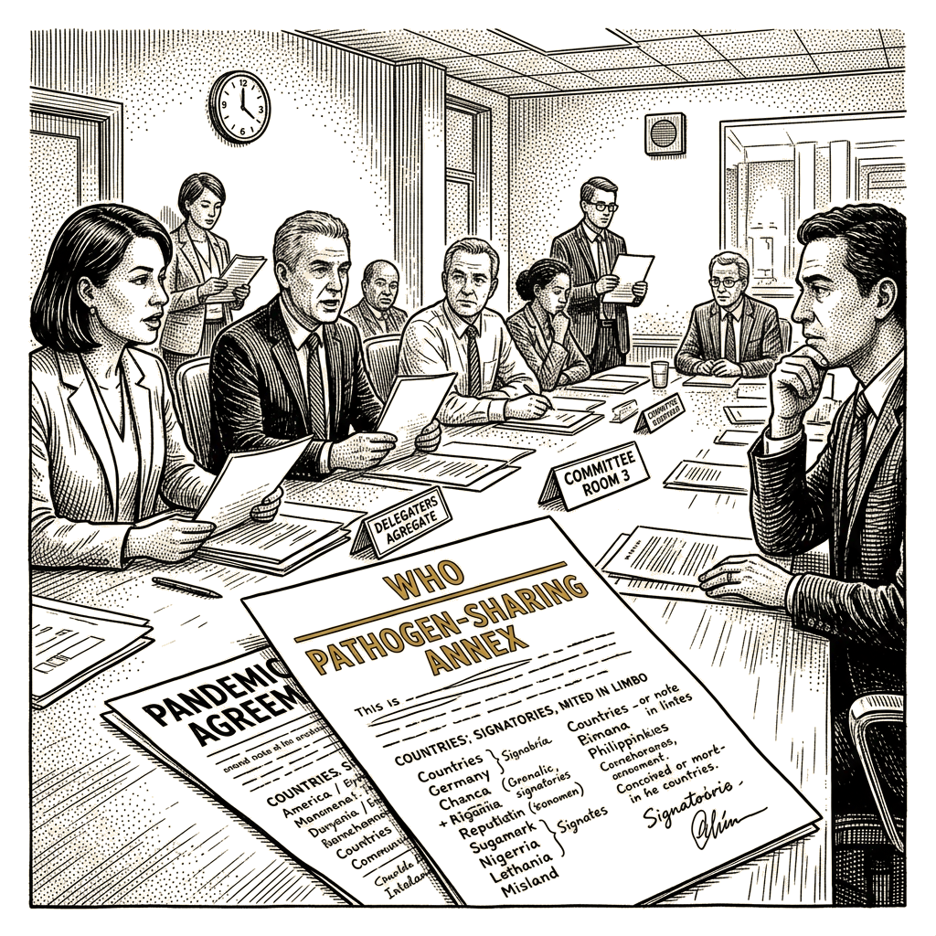 Illustration accompanying article: WHO pandemic agreement stalls over pathogen-sharing annex