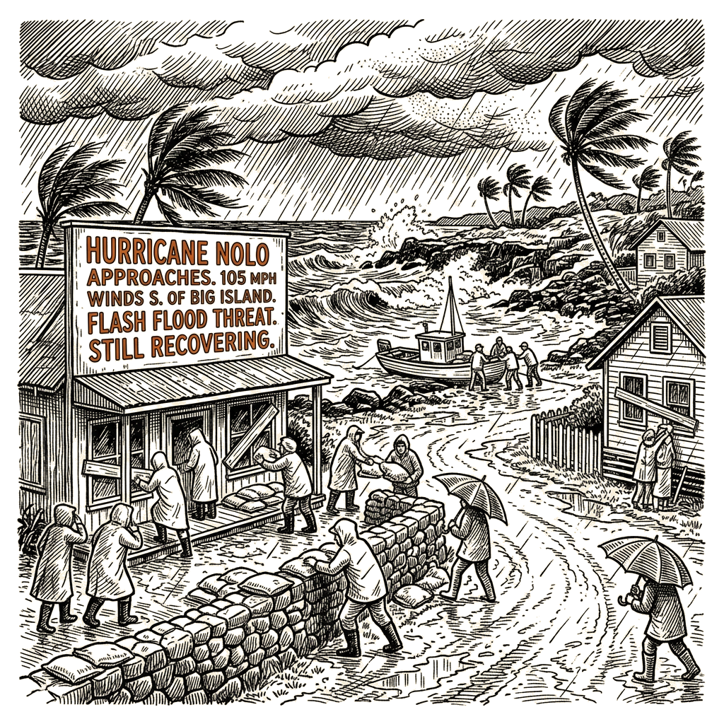 Illustration accompanying article: Hurricane Nolo approaches Hawaii's Big Island with flash flood threat