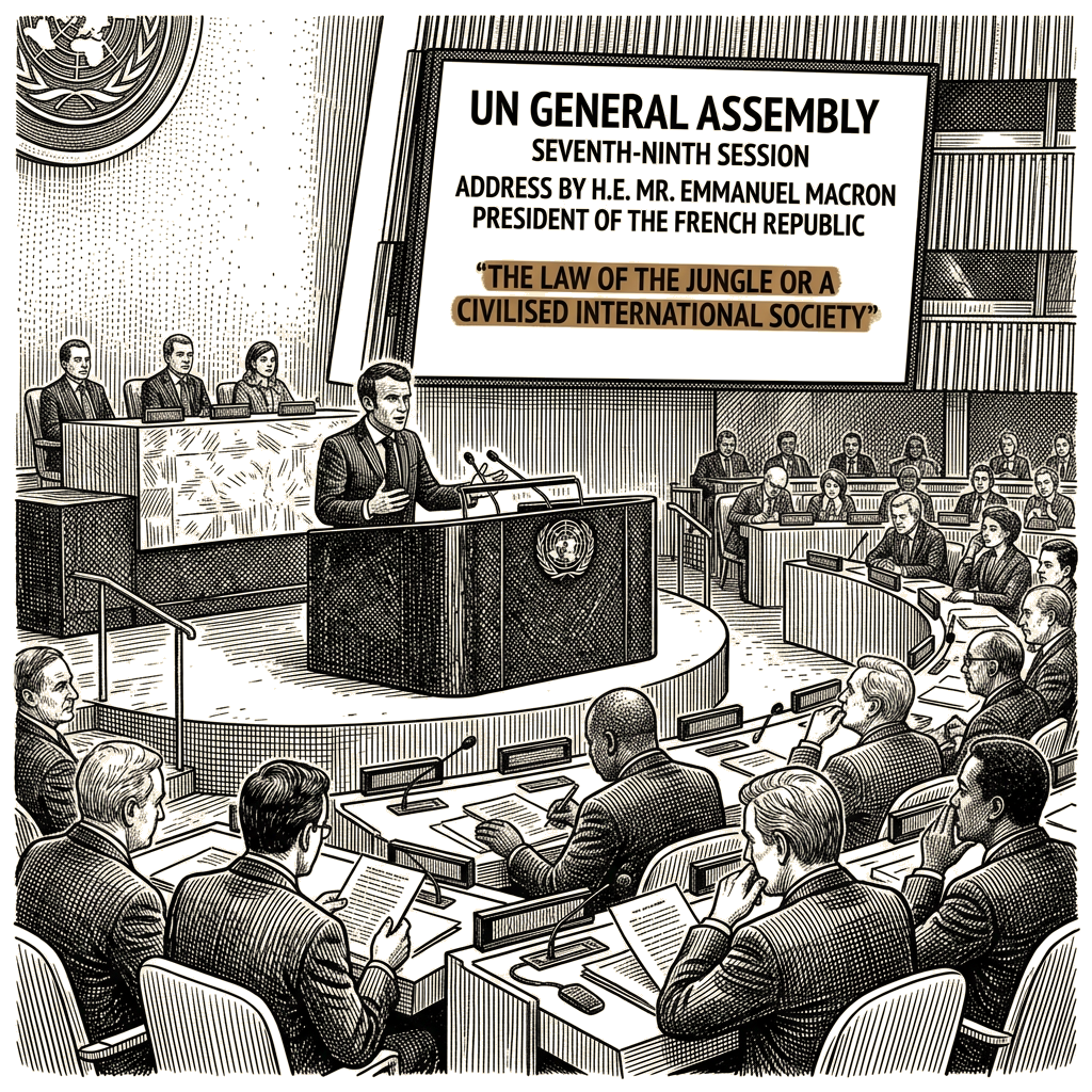 Illustration accompanying article: Macron defends multilateralism in final UN speech
