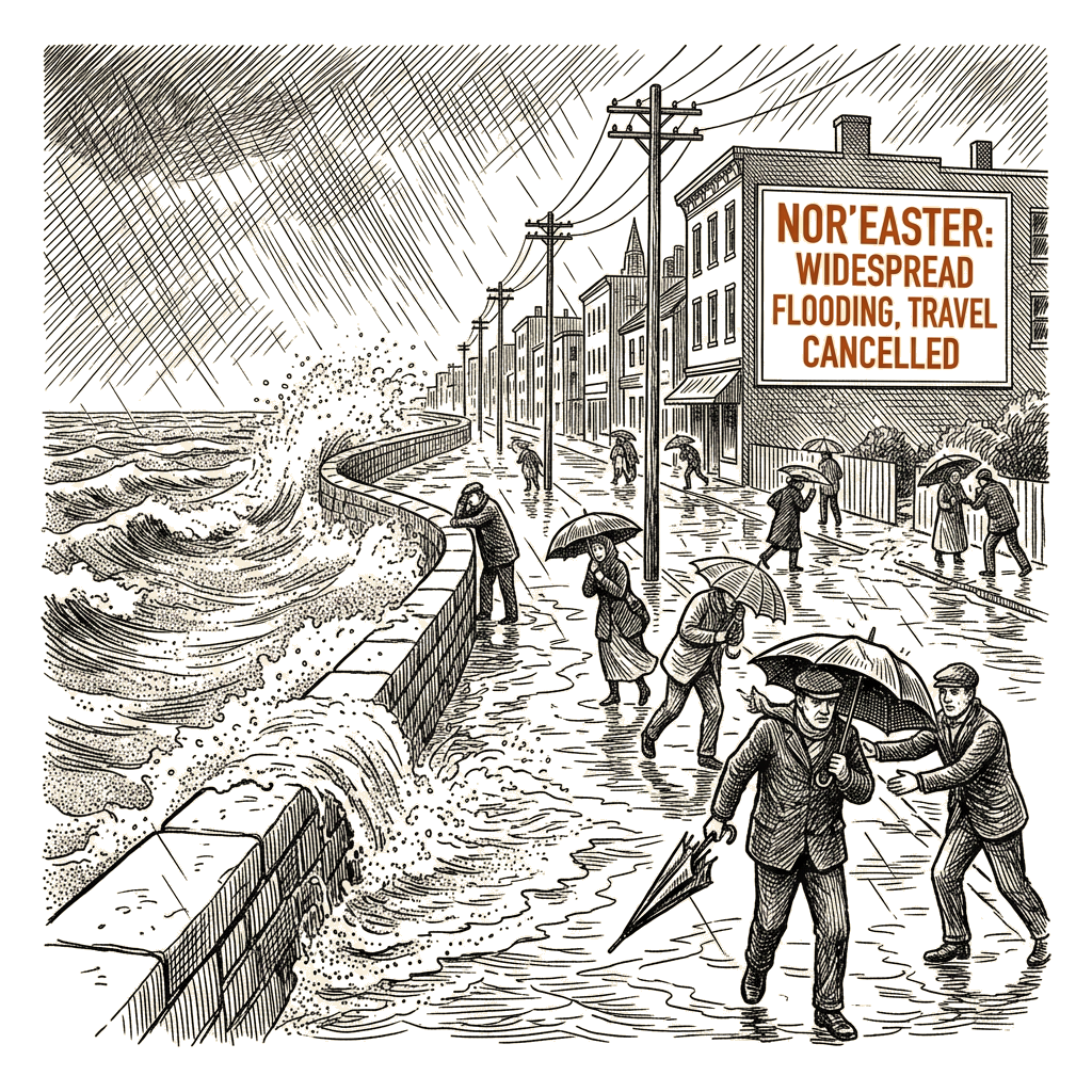 Illustration accompanying article: Nor'easter floods Northeast coast, cancels flights and events