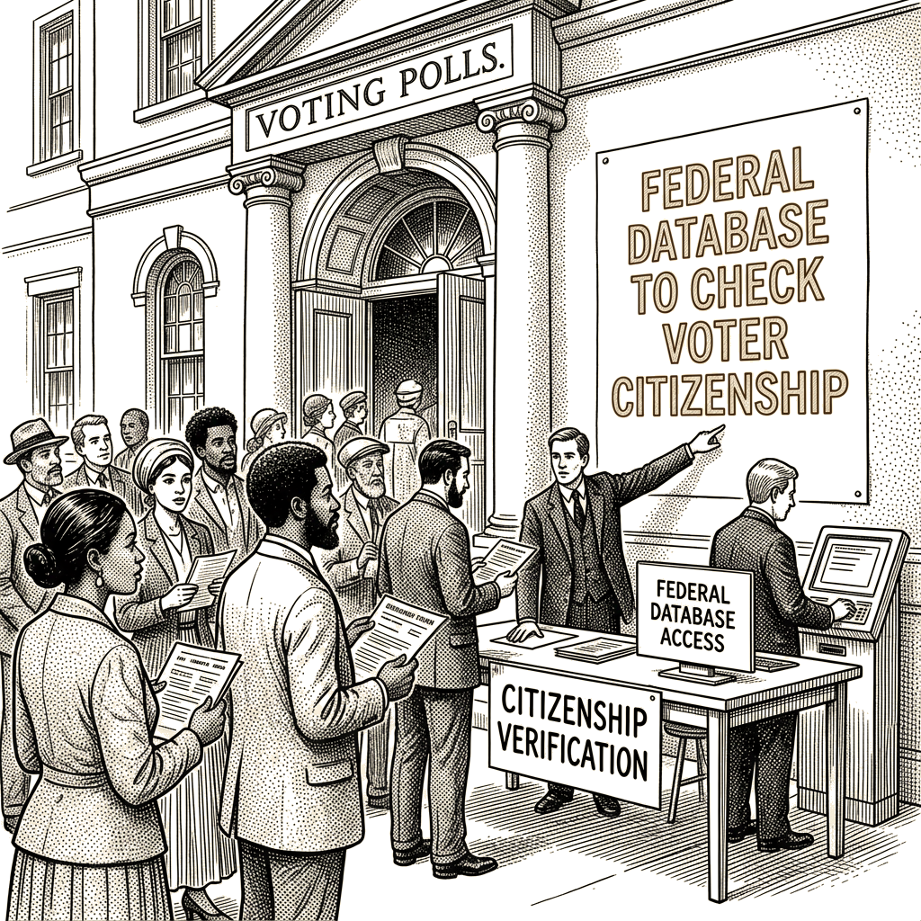 Illustration accompanying article: Supreme Court allows federal database to check voter citizenship