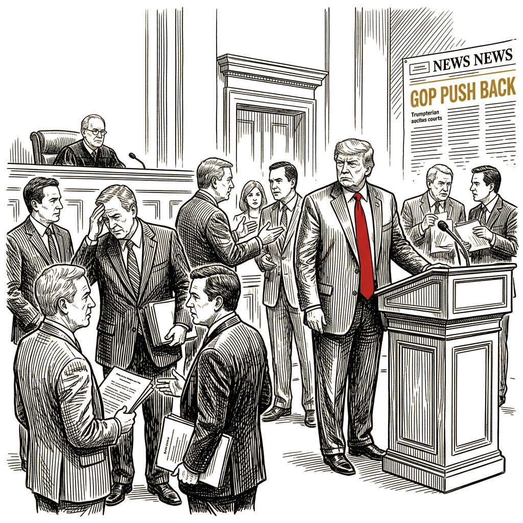 Illustration accompanying article: Trump confronts shrinking influence as courts, GOP push back