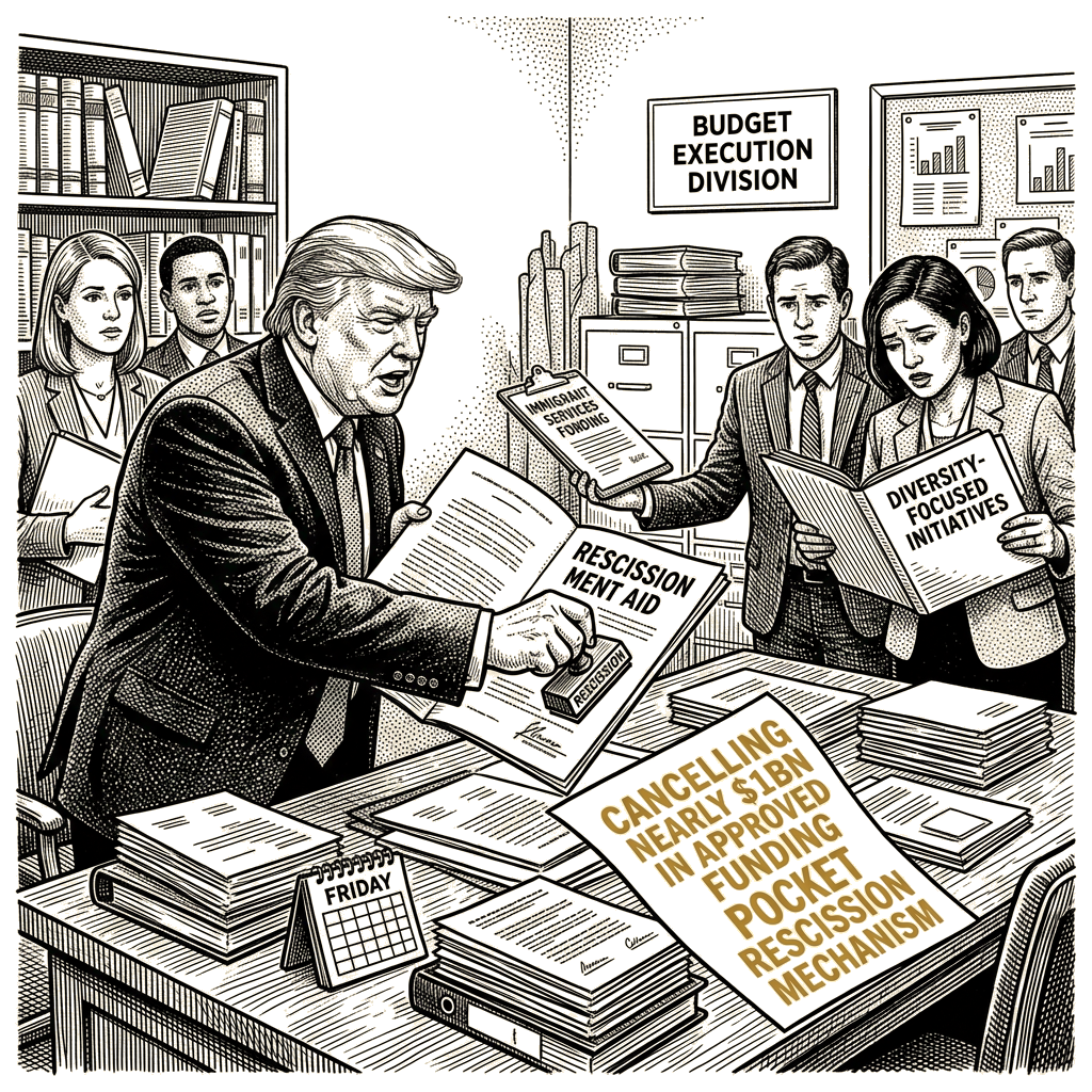 Illustration accompanying article: Trump deploys pocket rescission to cancel nearly $1bn in approved funding