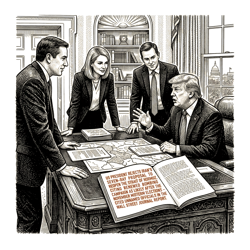 Illustration accompanying article: Trump reportedly rejects Iran's seven-day plan to reopen Strait of Hormuz