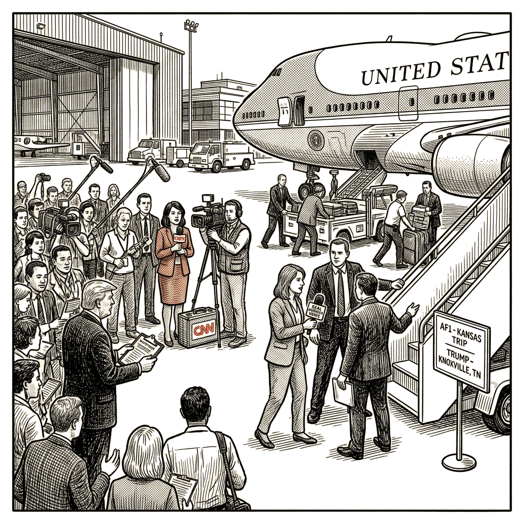 Illustration accompanying article: White House drops CNN from Air Force One for Trump's Tennessee trip