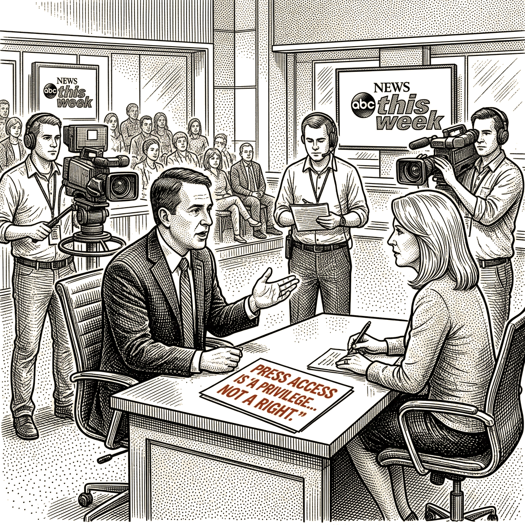 Illustration accompanying article: Blanche: White House press access is ''a privilege, not a right''