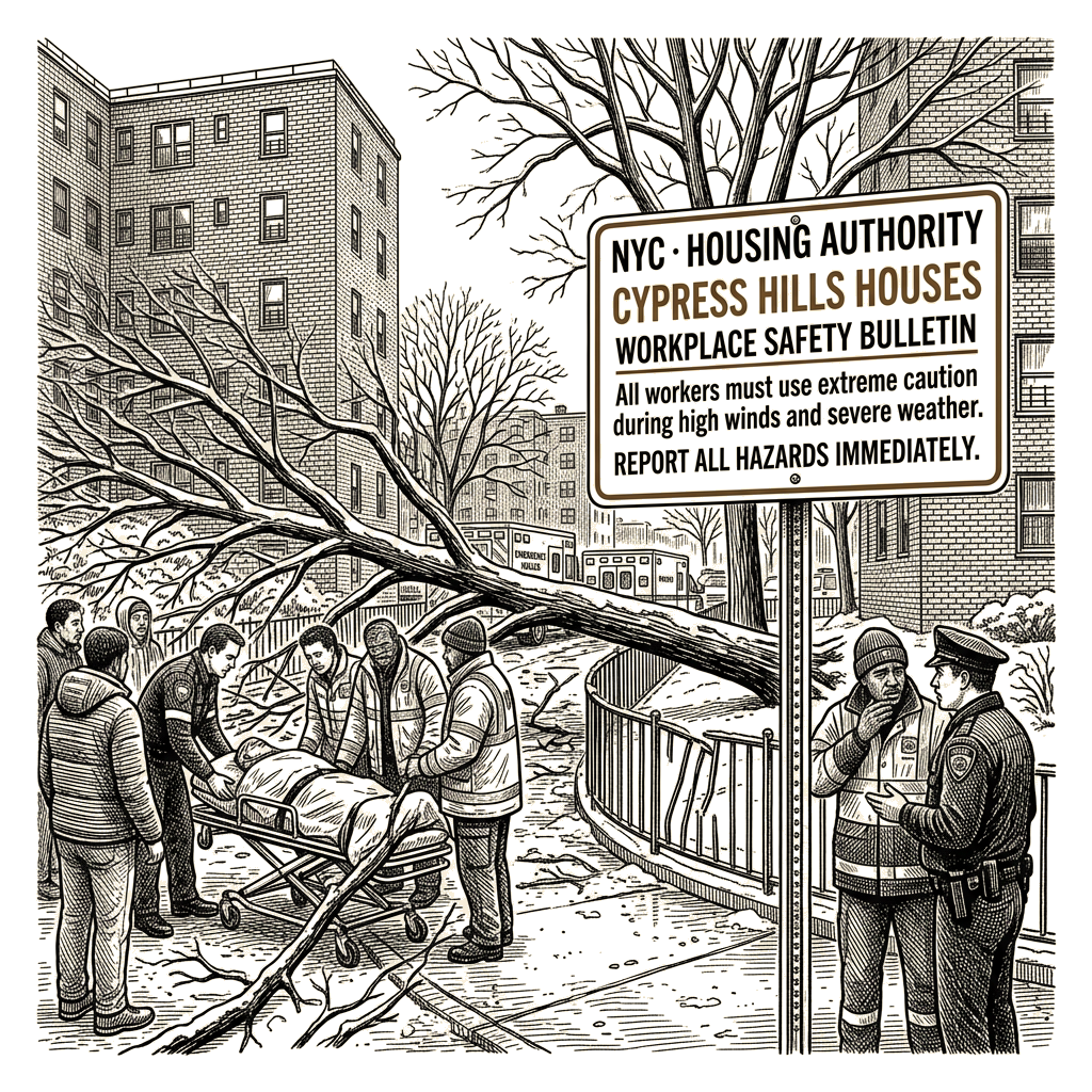 Illustration accompanying article: Brooklyn NYCHA worker dies as nor'easter stalls over region
