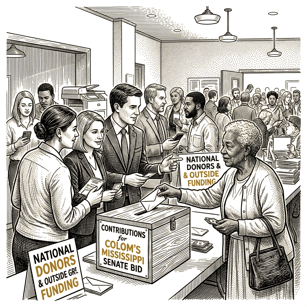 Illustration accompanying article: Democratic donors fund Colom's long-shot Mississippi Senate bid