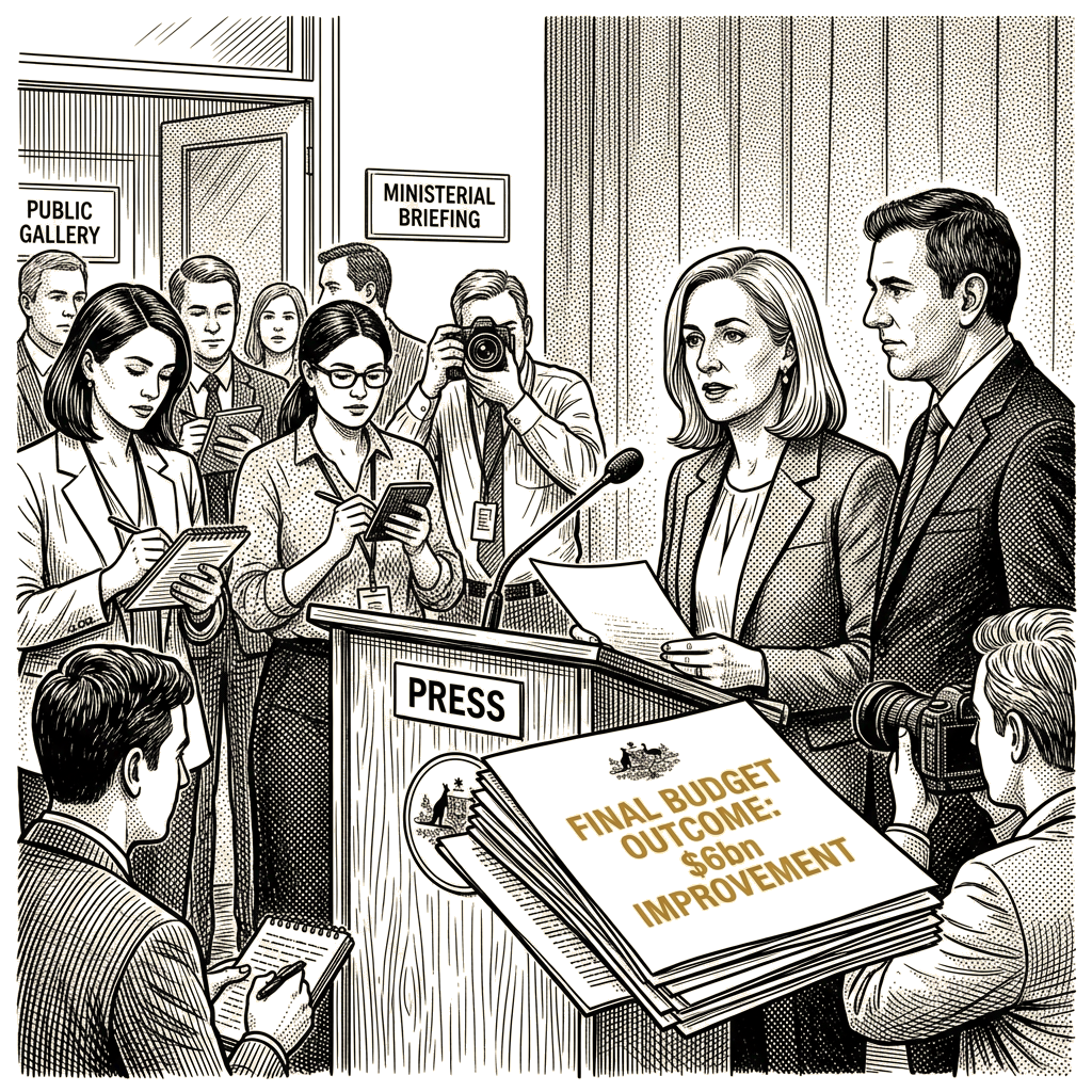 Illustration accompanying article: Gallagher, Chalmers to present final budget outcome showing $6bn improvement