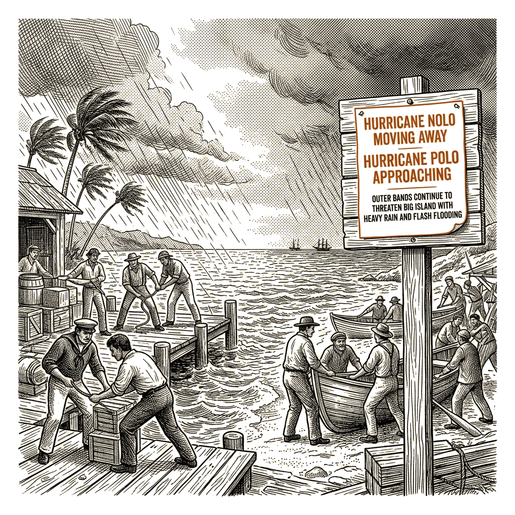 Illustration accompanying article: Hurricane Nolo pushes past Hawaii as Hurricane Polo bears down on Baja
