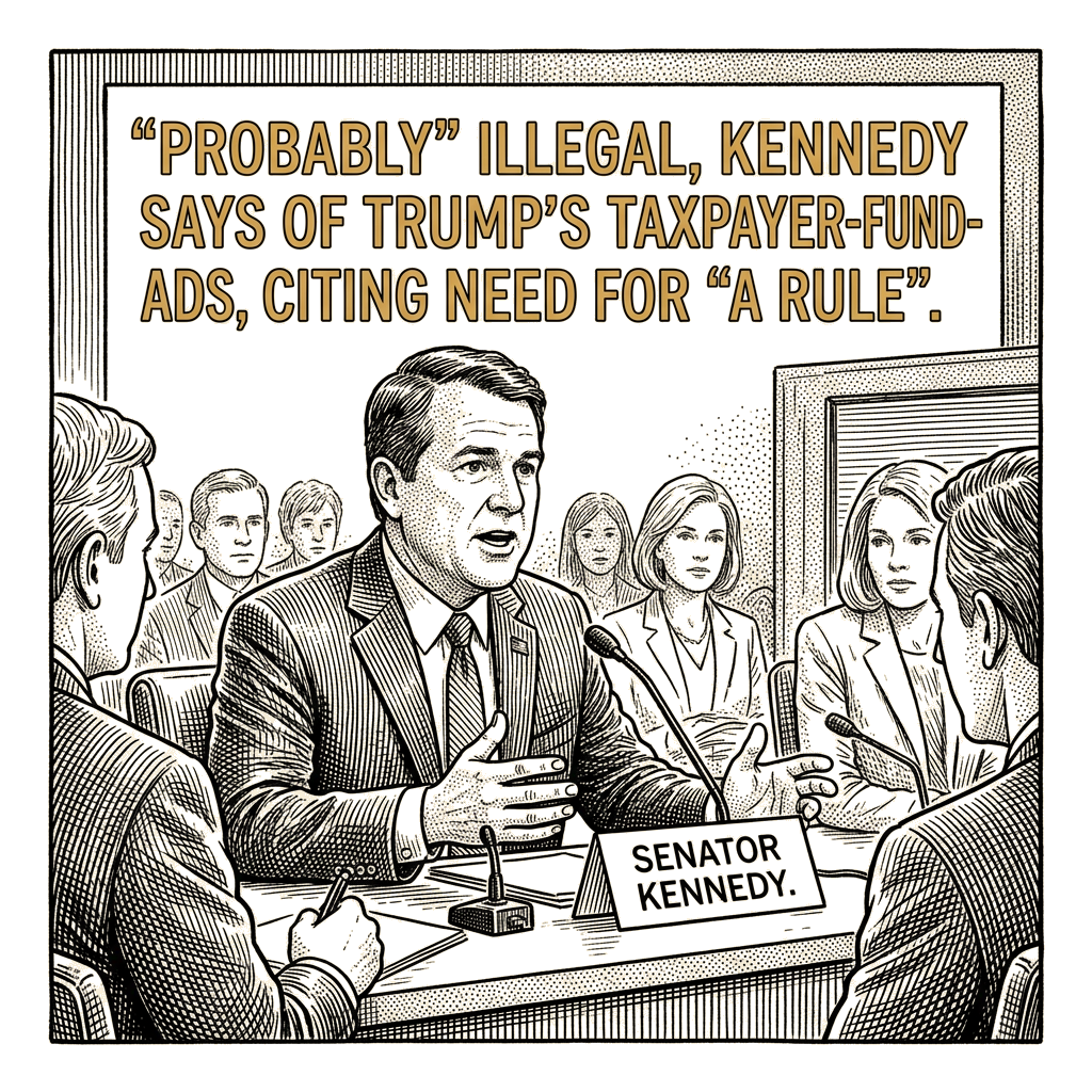 Illustration accompanying article: Kennedy says taxpayer-funded Trump ads are 'probably' illegal